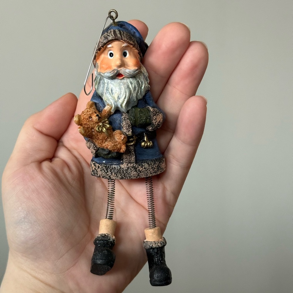 Santa Claus with Teddy Bear 90s Vintage Dangle Leg Resin Christmas Tree Ornament